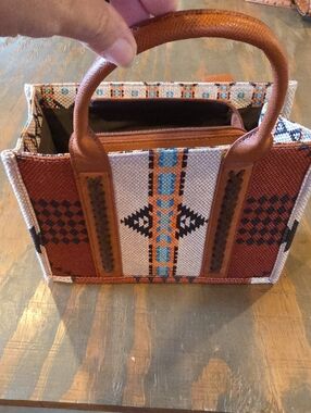 Southwestern-Patterned Structured Shoulder Bag in Brown, Cream & Turquoise